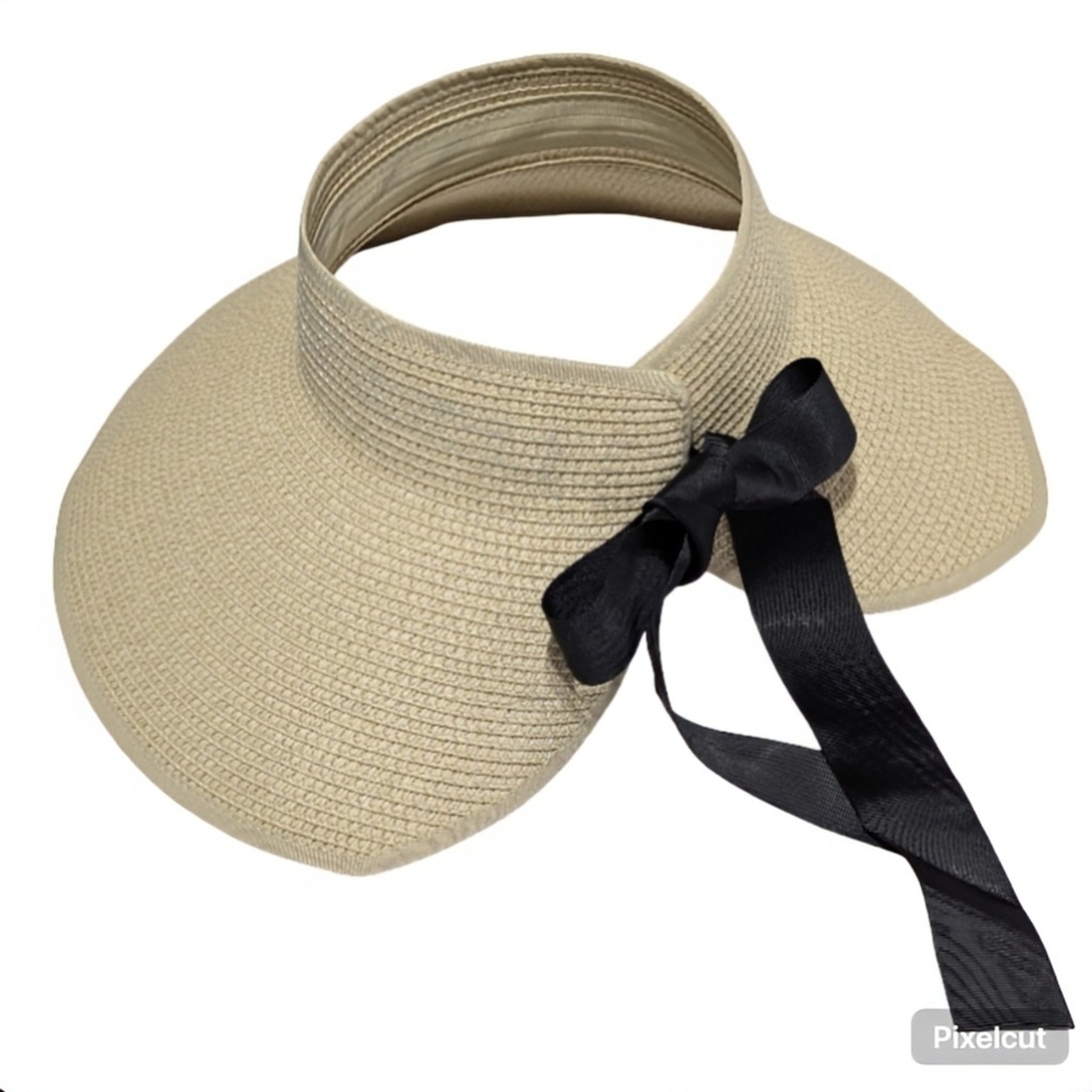 Elegant Wide Brim Beige Straw Traveling Sun Visor with Black Ribbon Tie